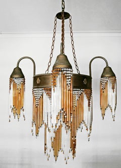 Italian Art Deco Art Nouveau Amber Straw Fringe & Beaded Murano Glass Chandelier