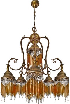Italian Art Deco Art Nouveau Amber Straw Fringe & Beaded Murano Glass Chandelier
