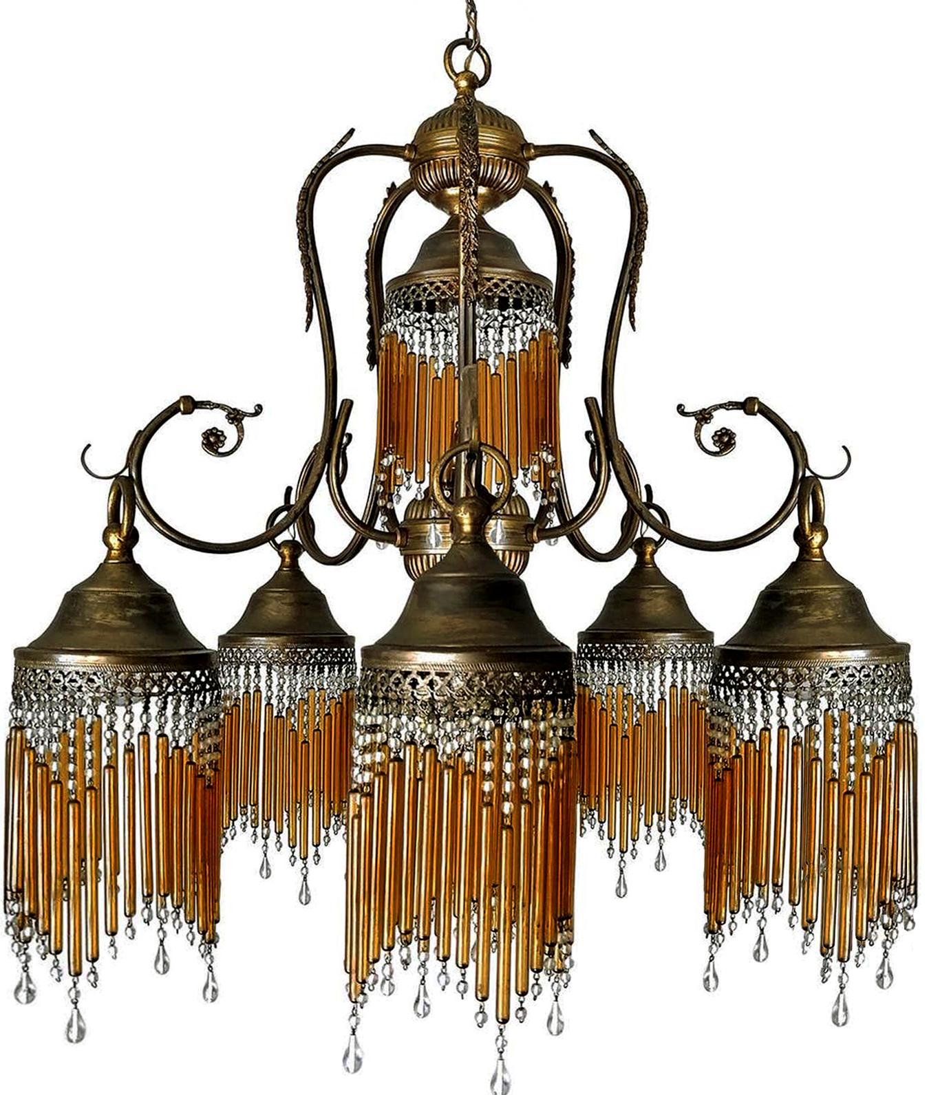 Hollywood Regency Italian Art Deco Art Nouveau Amber Straw Fringe & Beaded Murano Glass Chandelier