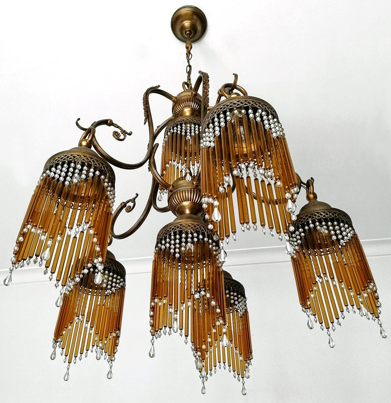 20th Century Italian Art Deco Art Nouveau Amber Straw Fringe & Beaded Murano Glass Chandelier