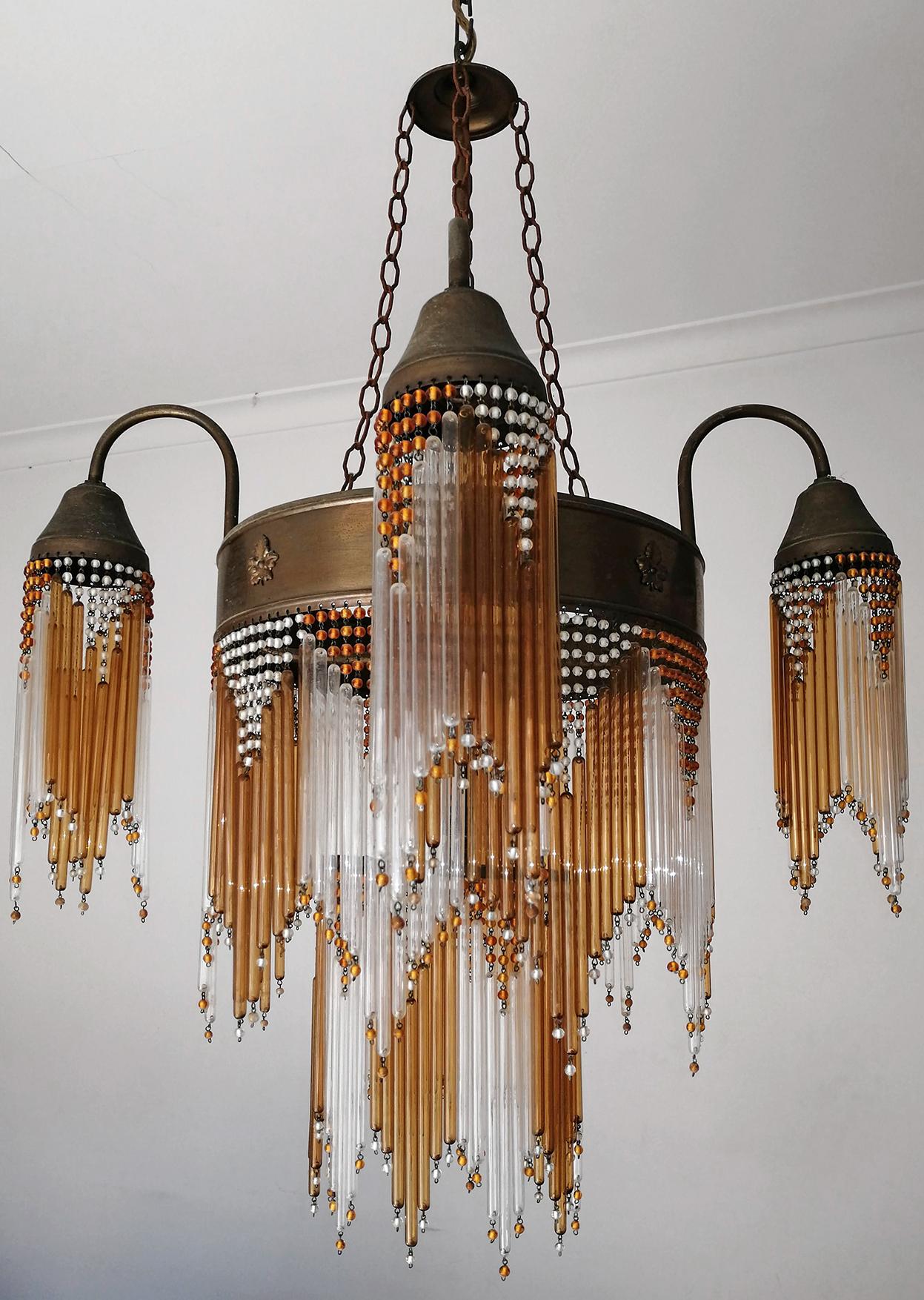 French Italian Art Deco Art Nouveau Amber Straw Fringe & Beaded Murano Glass Chandelier For Sale