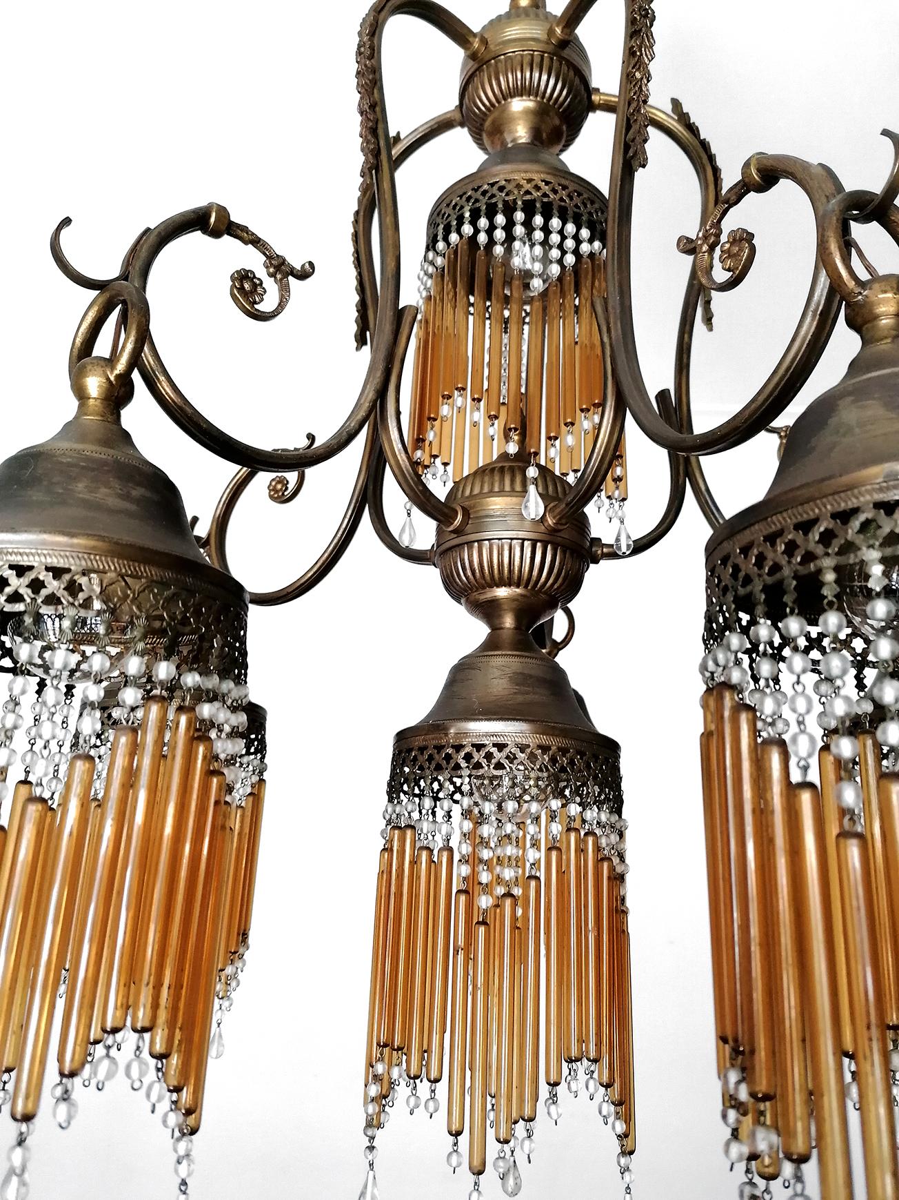 Italian Art Deco Art Nouveau Amber Straw Fringe & Beaded Murano Glass Chandelier 1