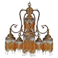 Antique Italian Art Deco Art Nouveau Amber Straw Fringe & Beaded Murano Glass Chandelier