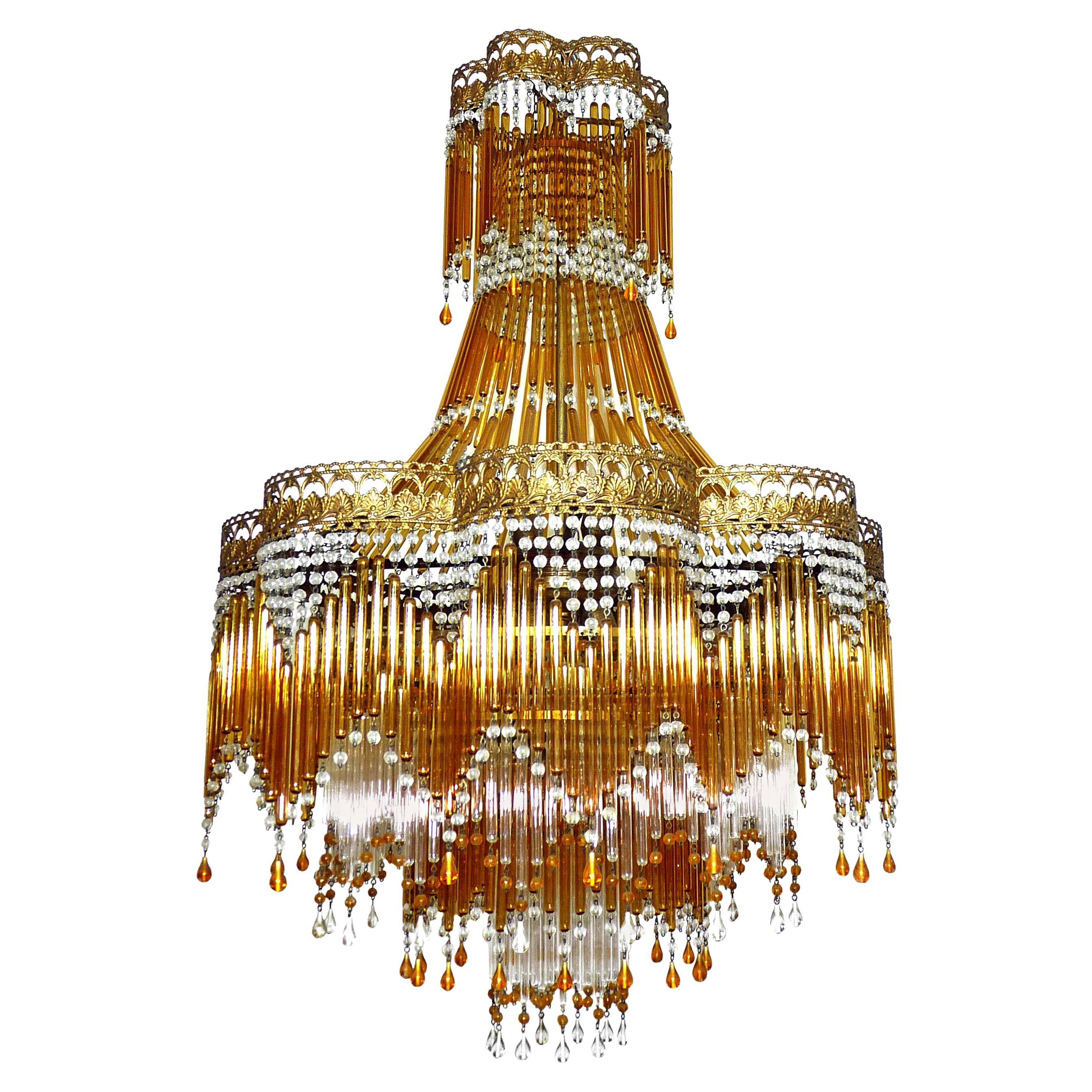 Italian Art Deco 
Art Nouveau Style Amber Beaded Glass Fringe Murano Chandelier