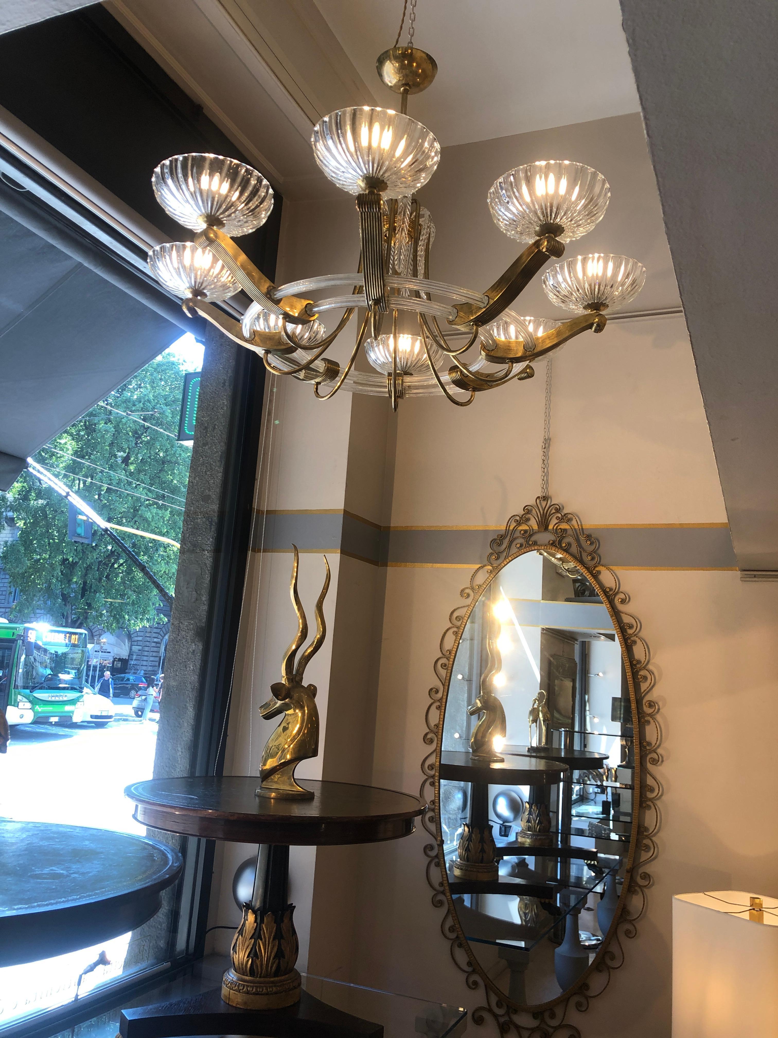 Italian Art Deco Artistic Murano Glass and Brass Chandelier 7