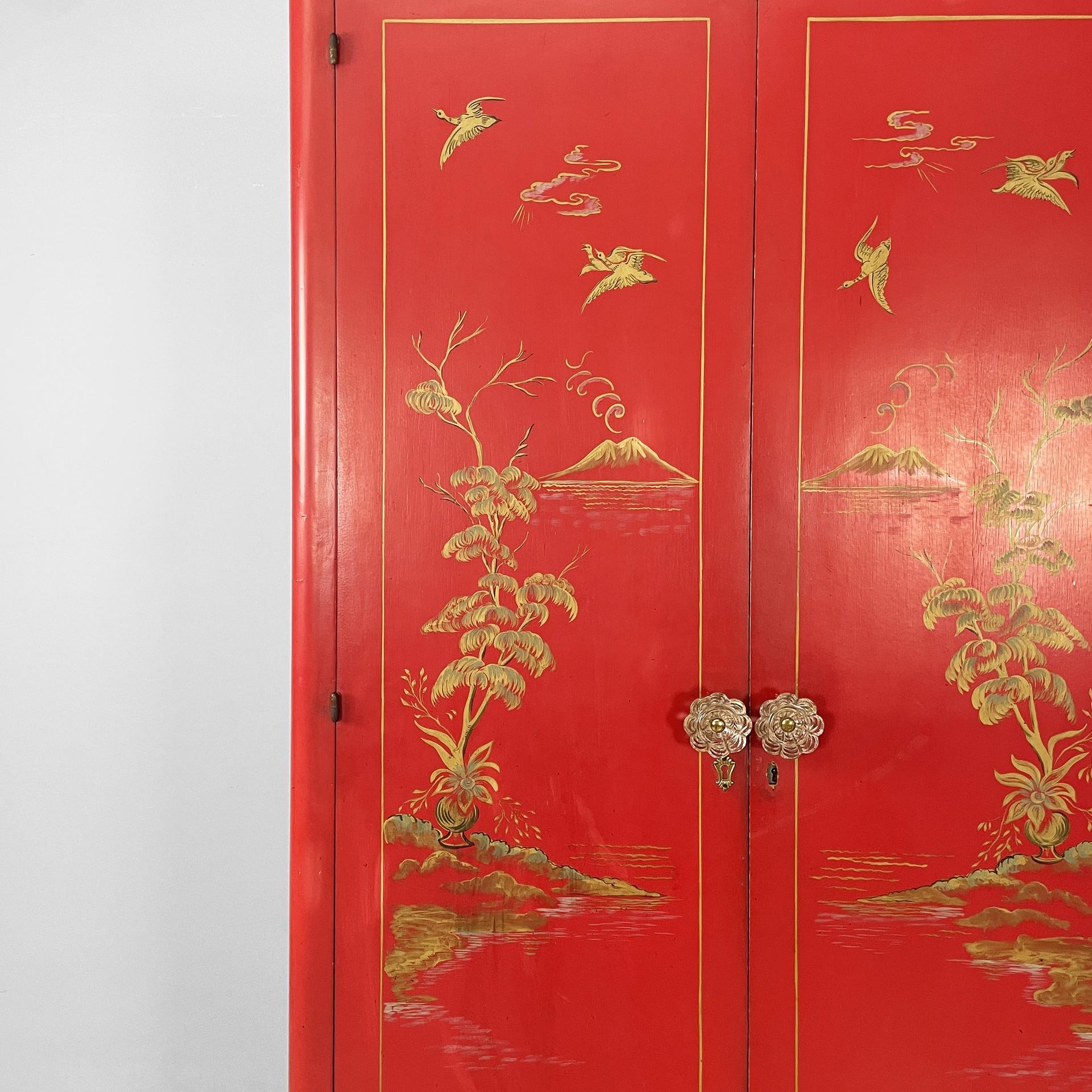 Murano Glass Italian Art Deco Asian-style Wooden wardrobe with Murano glass handles, 1930s For Sale