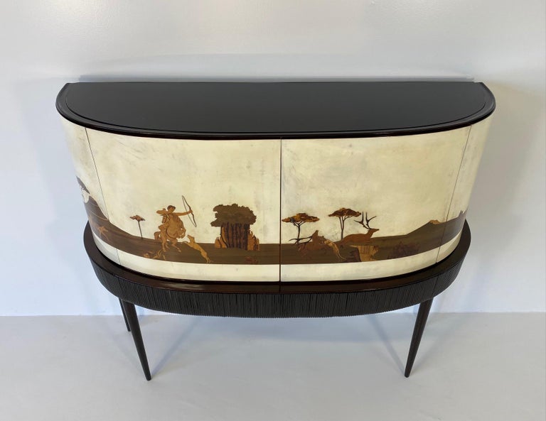 Italian Art Deco Bar Cabinet in Parchment with Inlays Signed by Anzani, 1930s In Good Condition For Sale In Meda, MB