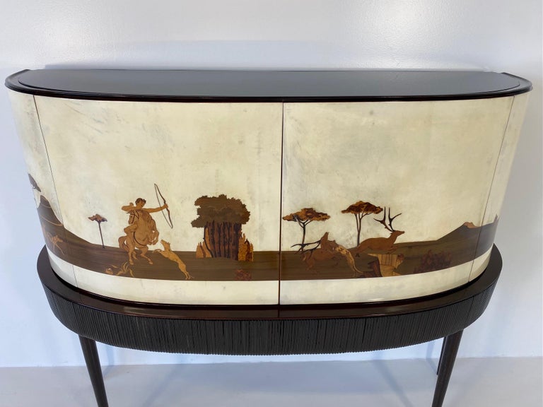 Mid-20th Century Italian Art Deco Bar Cabinet in Parchment with Inlays Signed by Anzani, 1930s For Sale