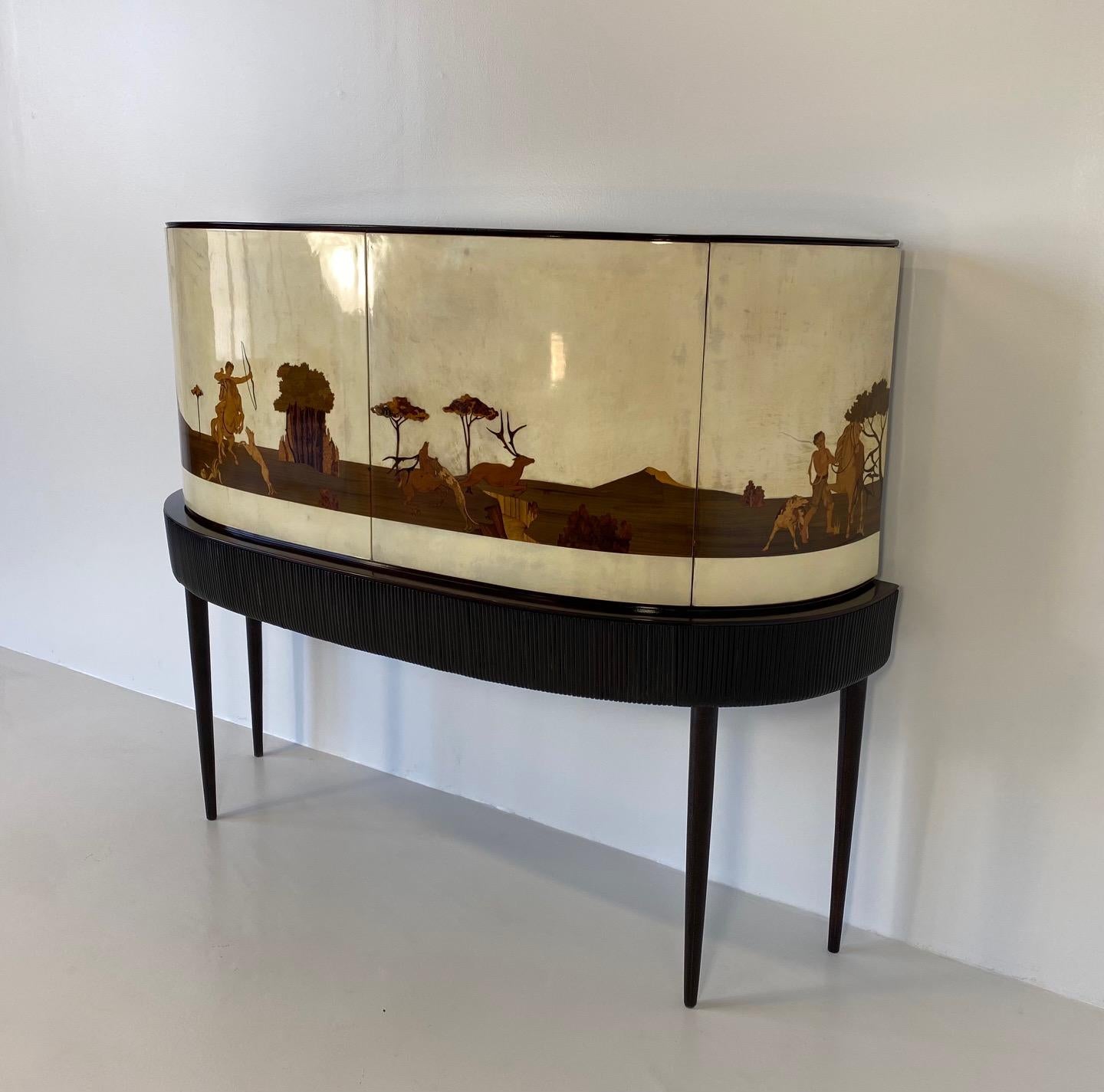 Glass Italian Art Deco Bar Cabinet in Parchment with Inlays Signed by Anzani, 1930s For Sale
