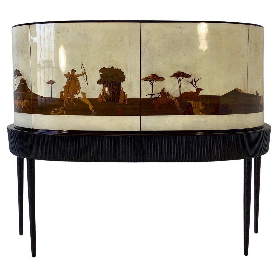 Italian Art Deco Bar Cabinet in Parchment with Inlays Signed by Anzani, 1930s