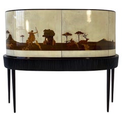 Italian Art Deco Bar Cabinet in Parchment with Inlays Signed by Anzani, 1930s