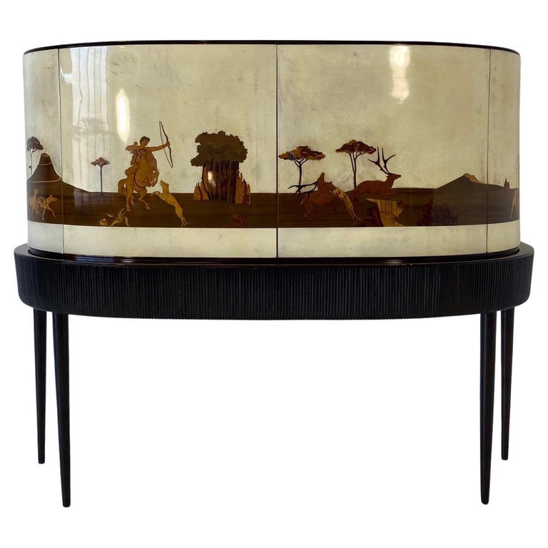 Italian Art Deco Bar Cabinet in Parchment with Inlays Signed by Anzani, 1930s For Sale