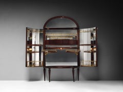 Italian Art Deco Bar Cabinet in Red Stained Walnut, Brass and Mirrored Glass
