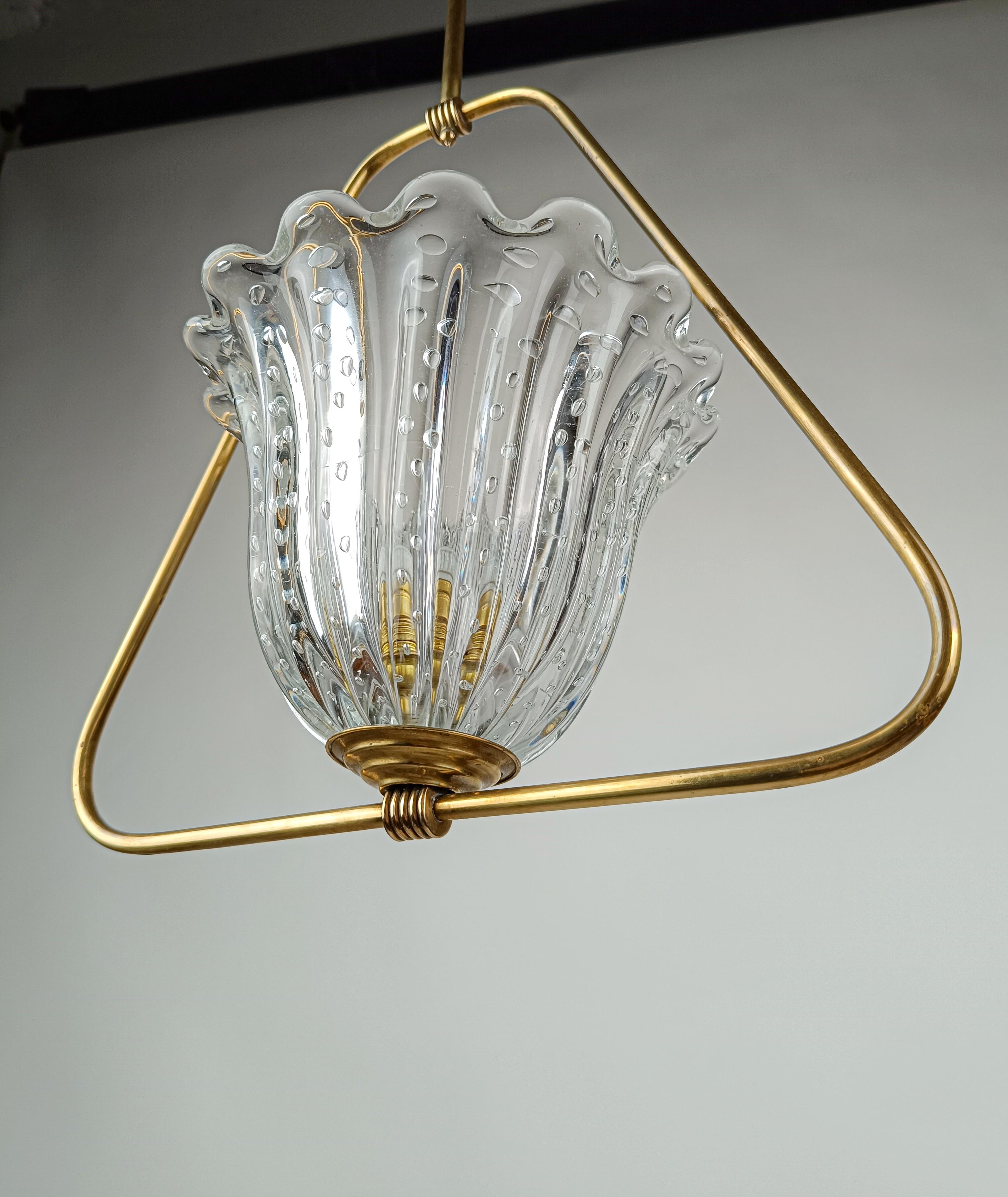Brass Italian Art Deco Barovier & Toso Vintage Pendant Light, Murano Glass, 1940s