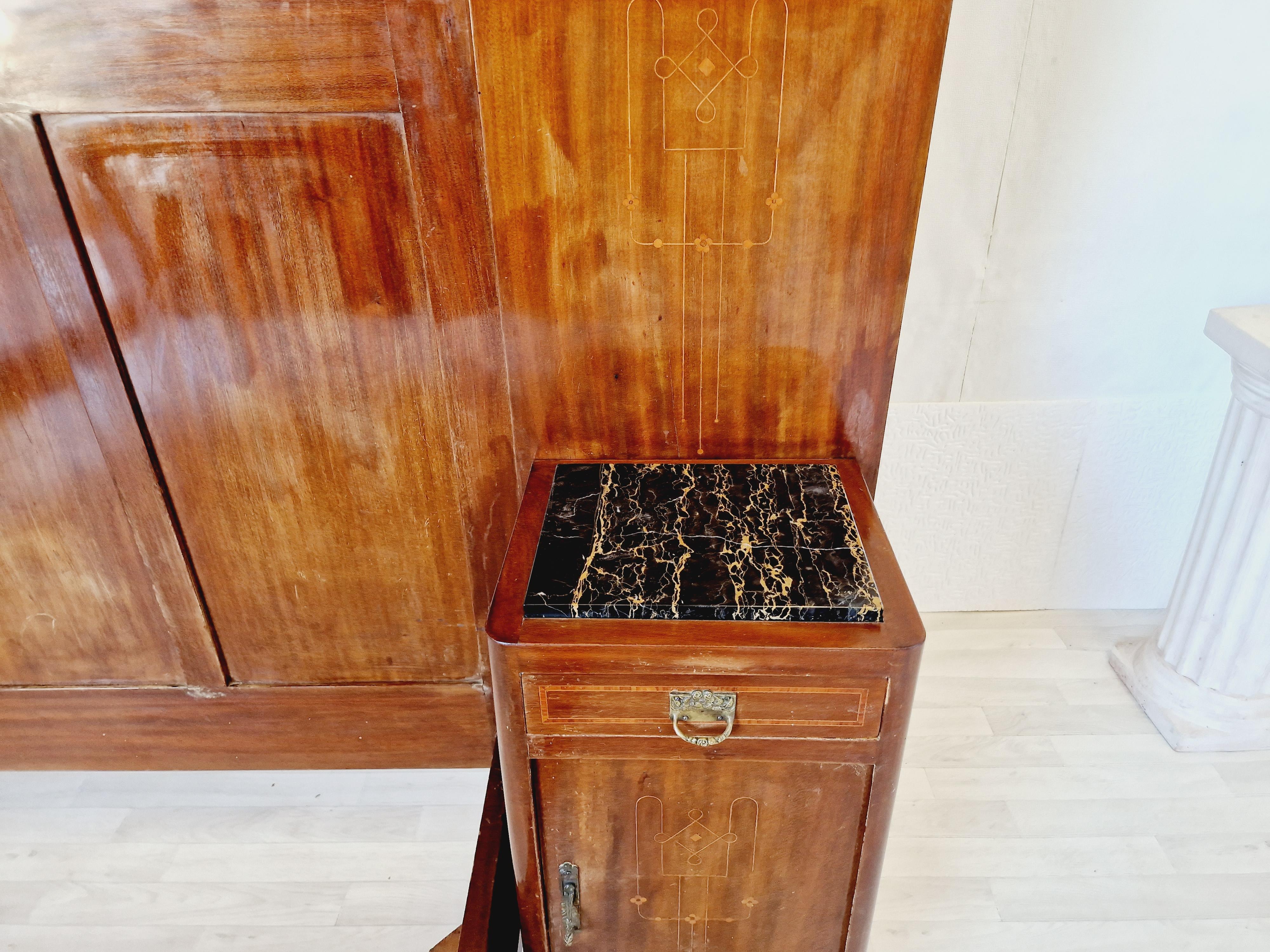 Hand-Carved Art Deco Bed and Nightstands Liberty Style