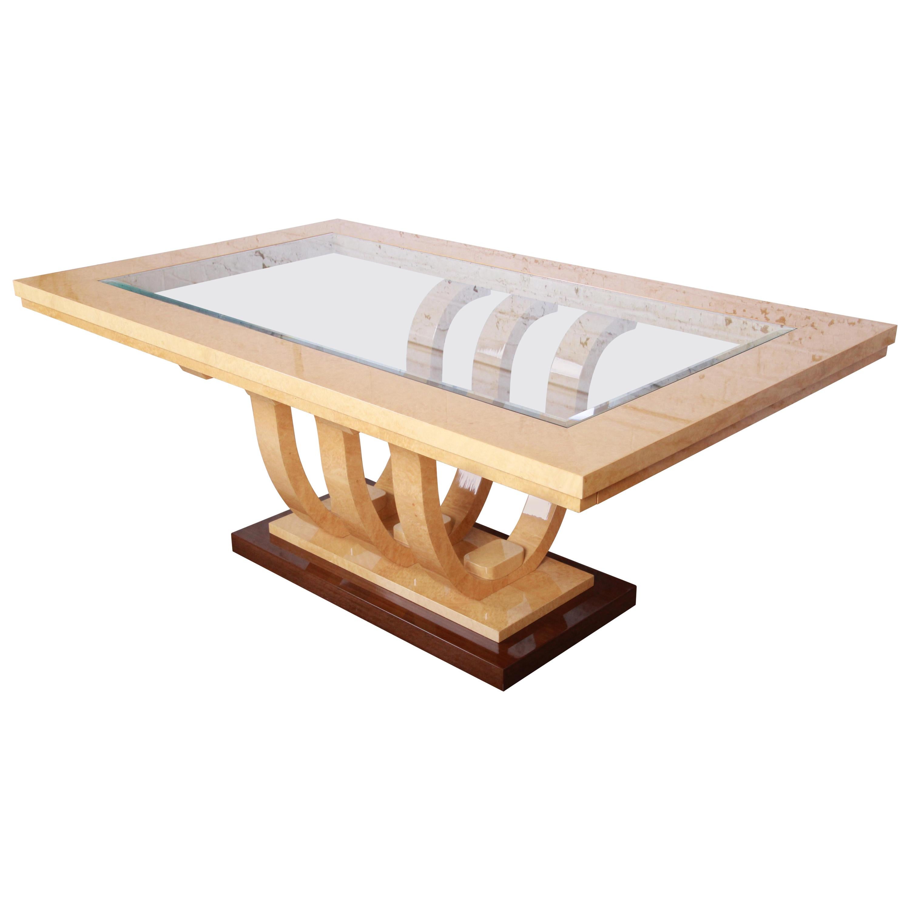 Italian Art Deco Birdseye Maple and Mahogany Pedestal Extension Dining Table