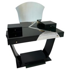 Italienischer Schminktisch im Art déco-Stil, schwarzer und grüner Lack, Blattsilber, 1970er Jahre