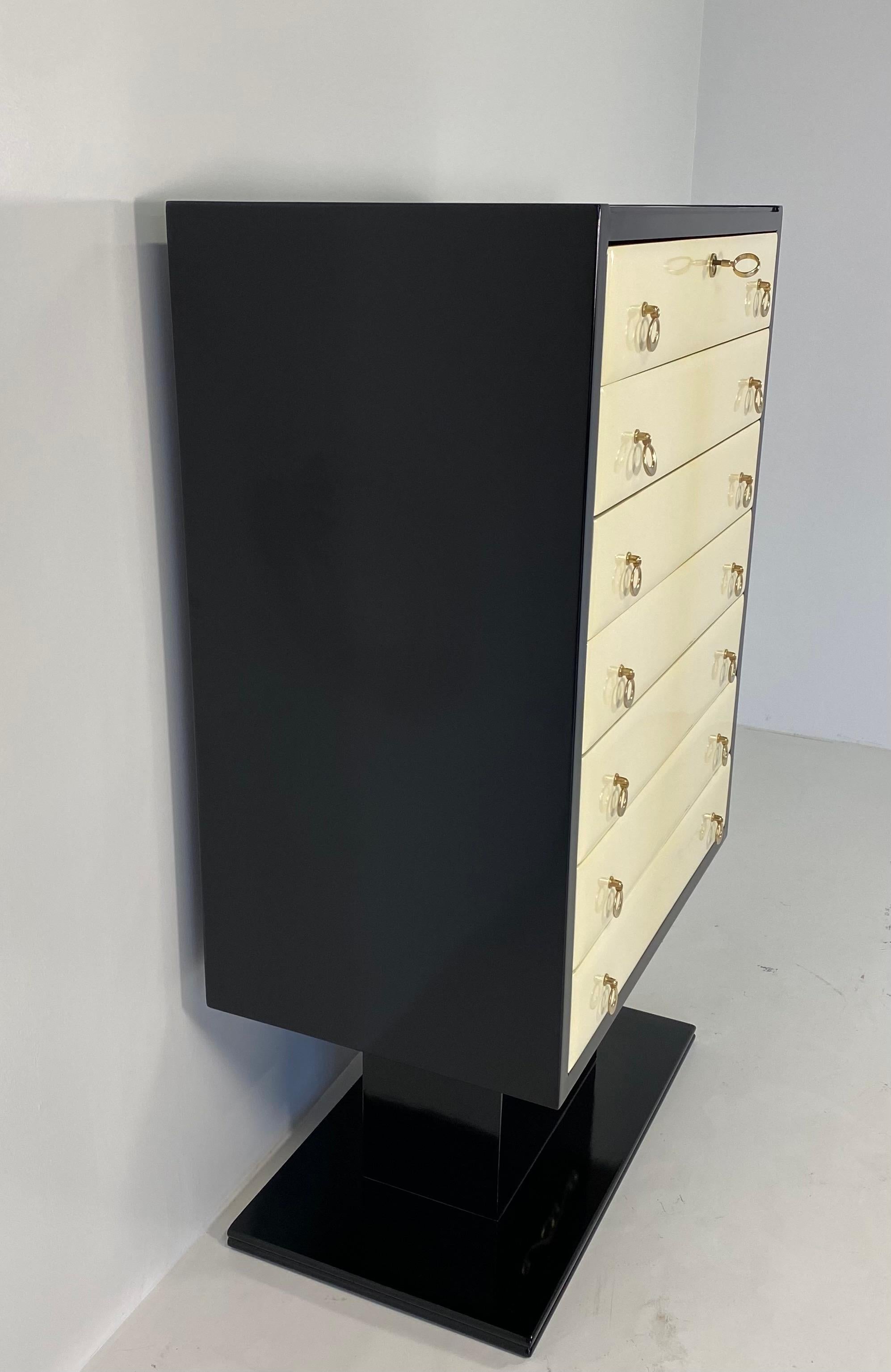 Brass Italian Art Deco Black and Ivory Lacquer Dresser, 1950s