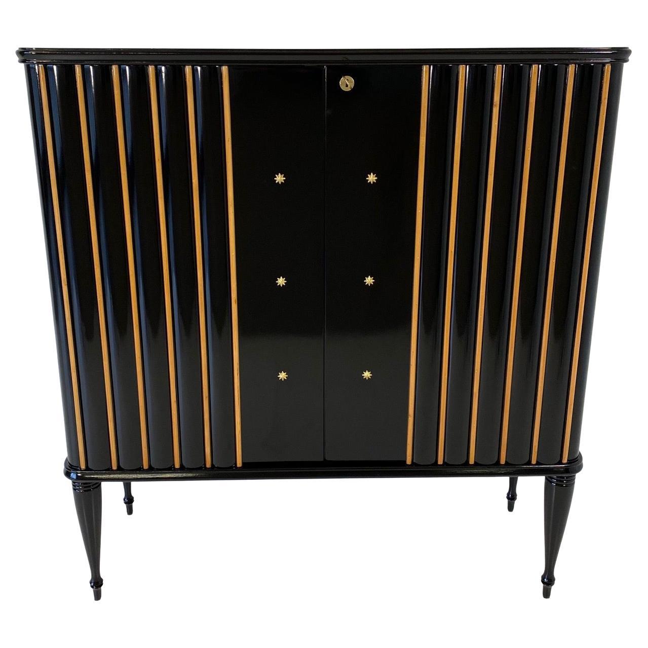 Italian Art Deco Black and Maple with Gold Details Cabinet, 1940s