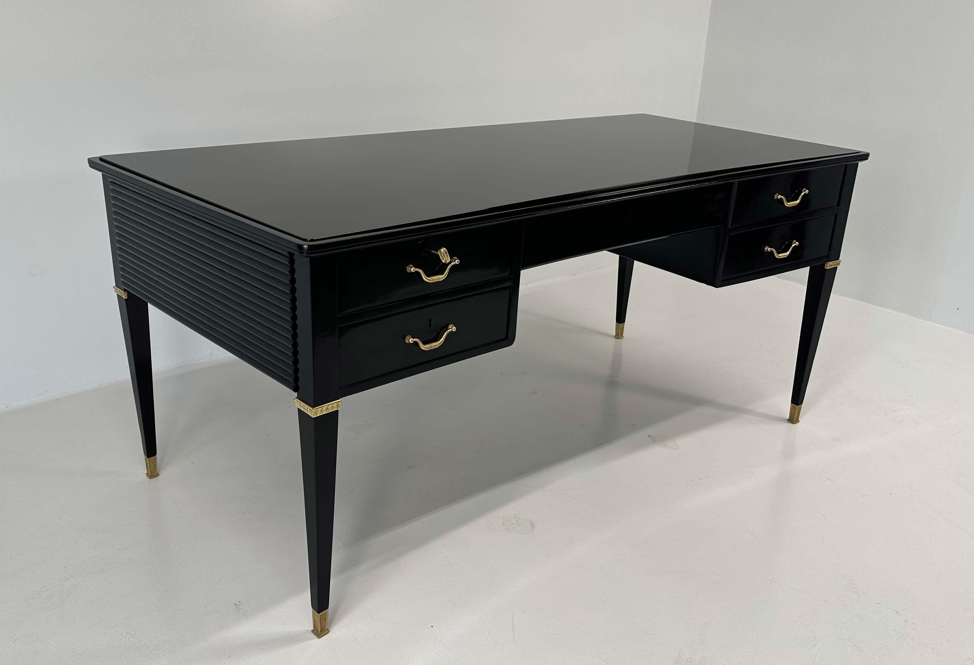 Italian Art Deco Black, Brass Desk by Paolo Buffa, Permanente Mobili Cantù, 50s 11