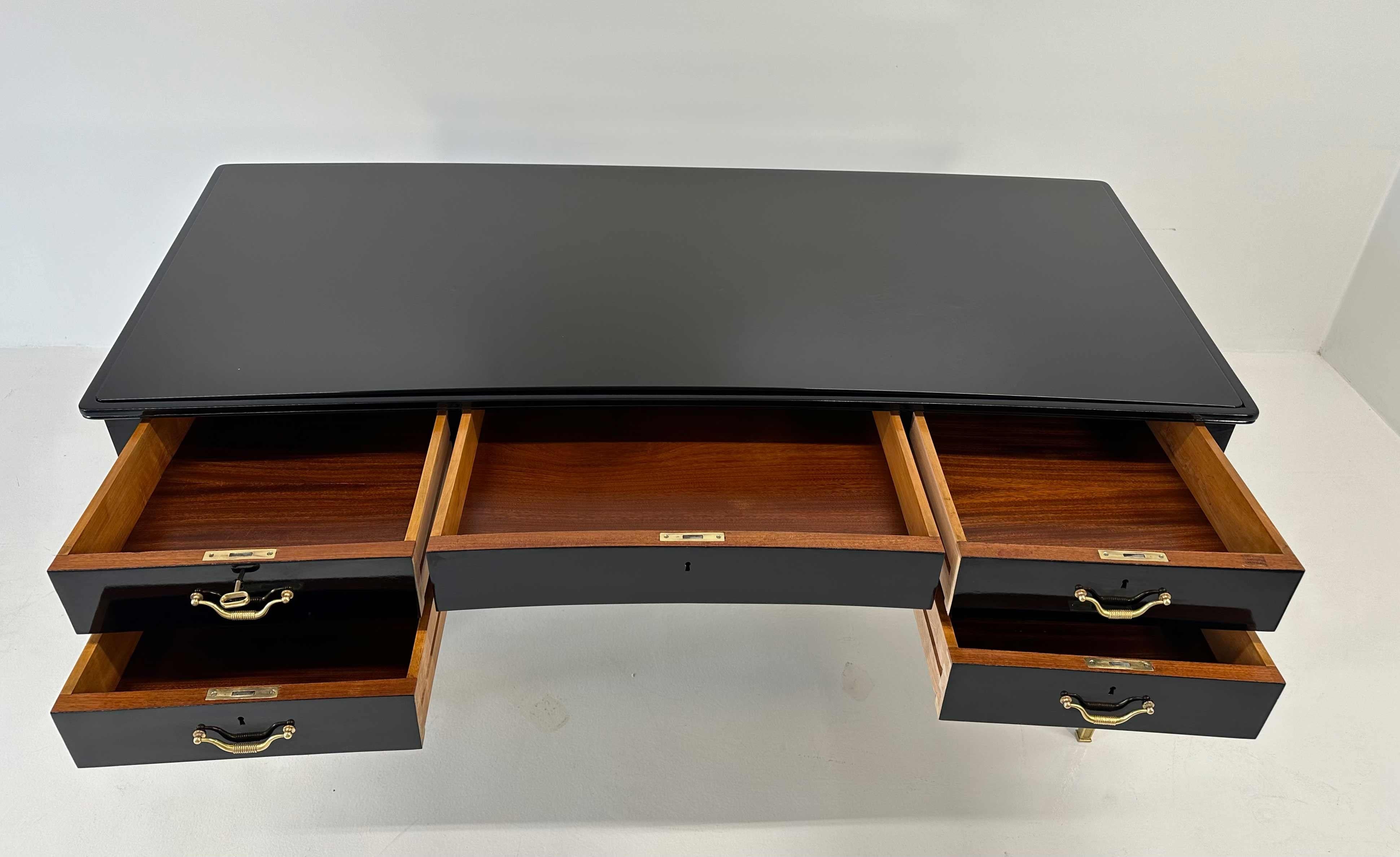 Italian Art Deco Black, Brass Desk by Paolo Buffa, Permanente Mobili Cantù, 50s 14