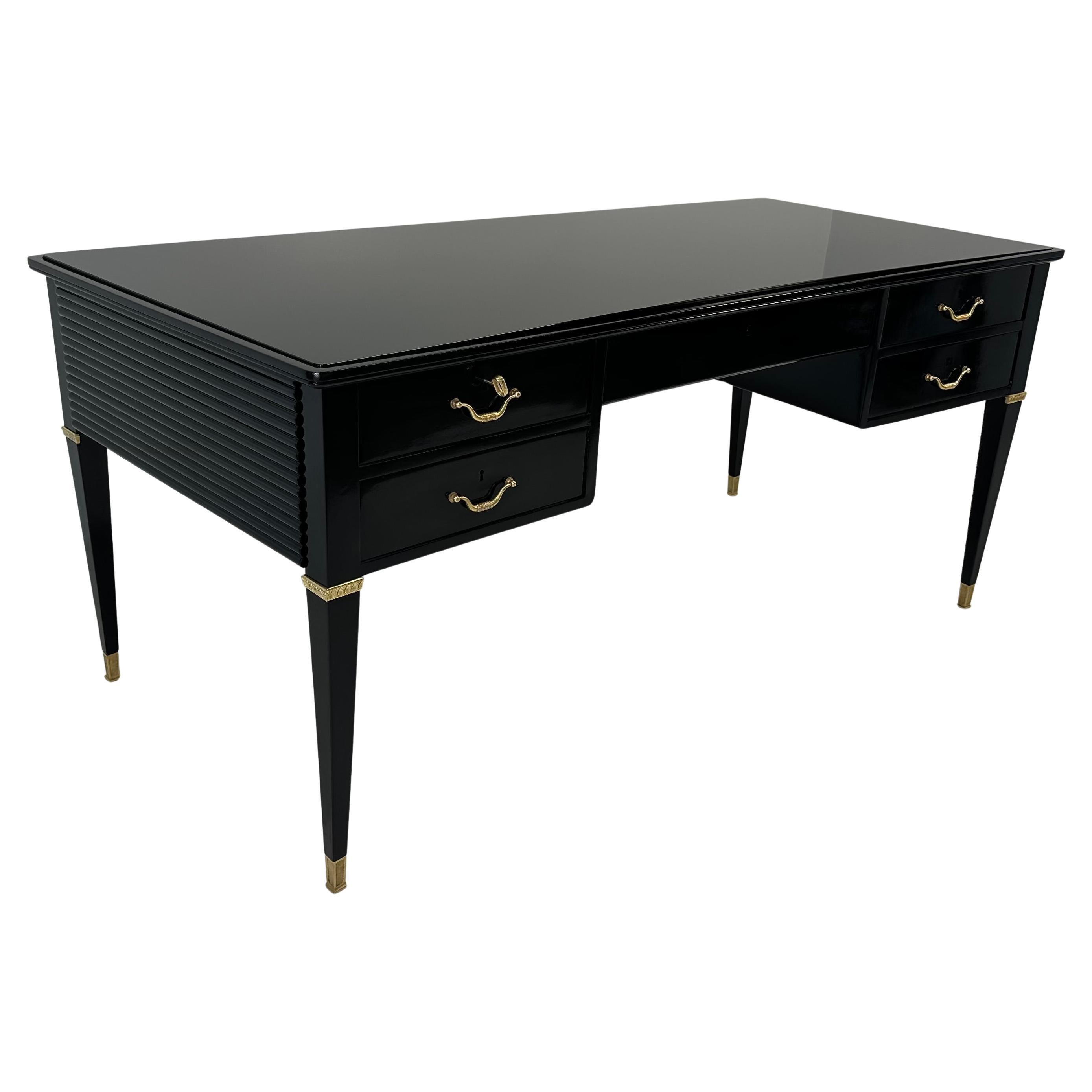 Italian Art Deco Black, Brass Desk by Paolo Buffa, Permanente Mobili Cantù, 50s