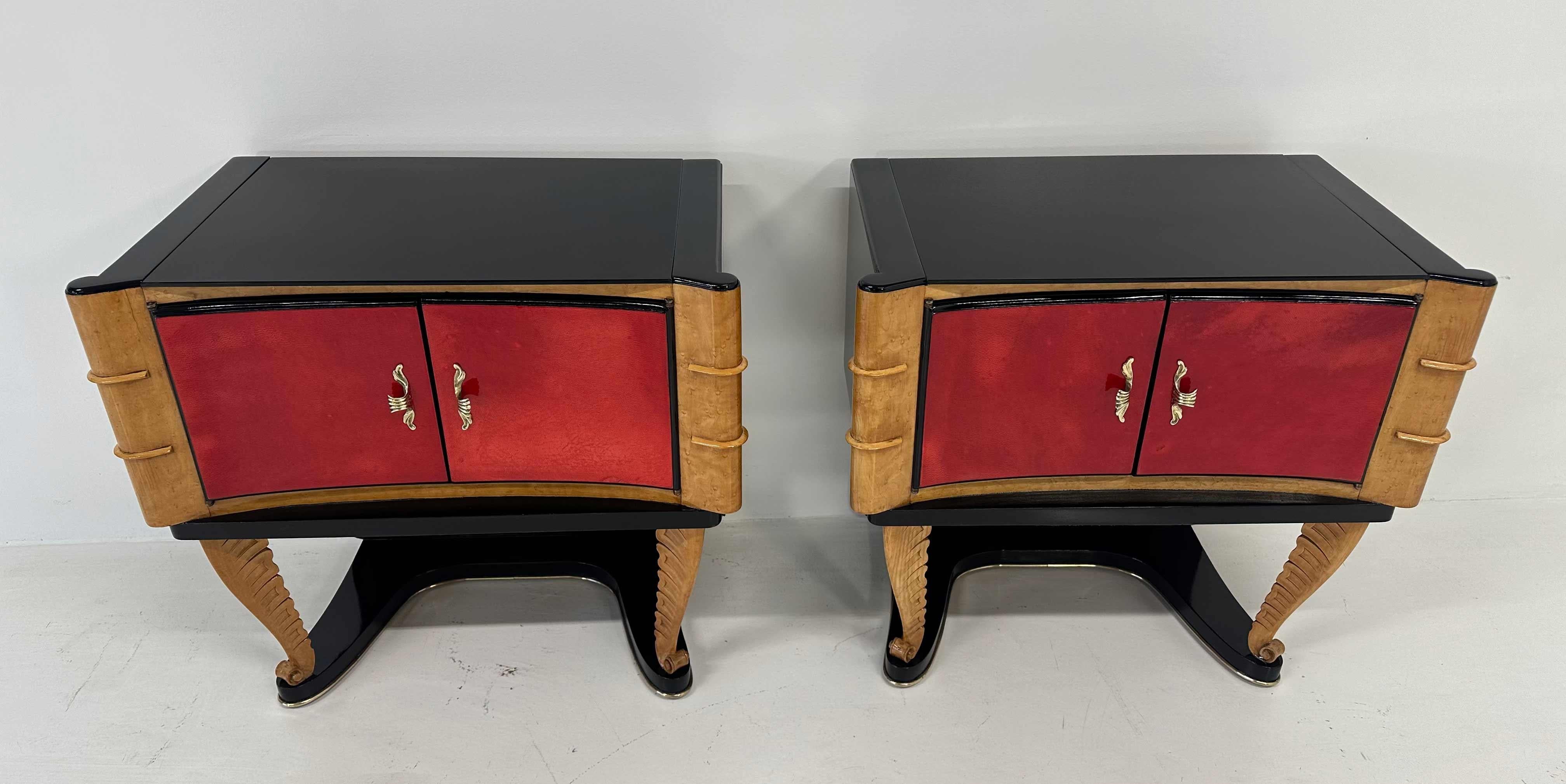 Italian Art Deco Black, Carved Maple and Cherry Red Parchment