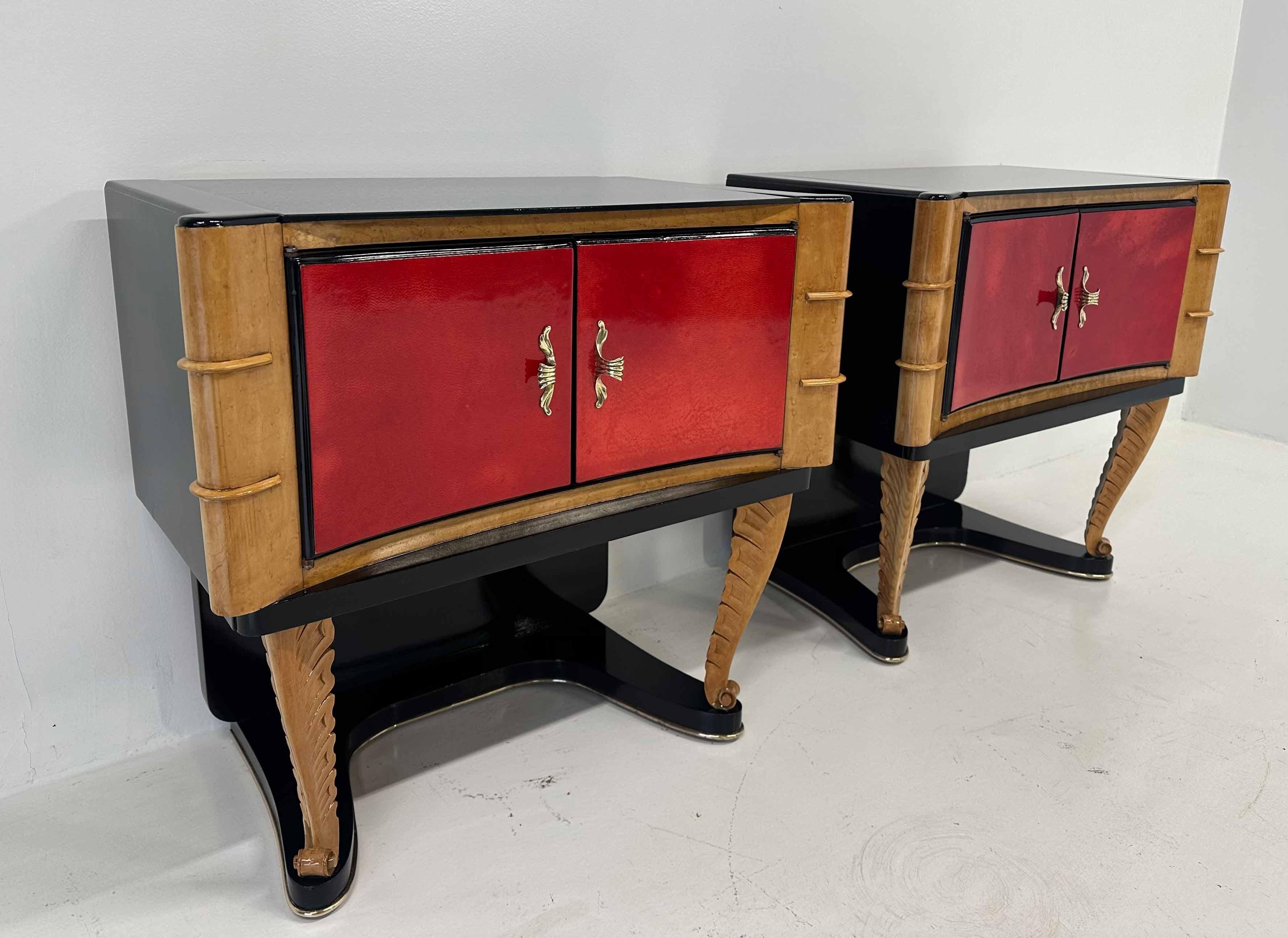 Italian Art Deco Black, Carved Maple and Cherry Red Parchment