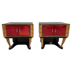 Italian Art Deco Black, Carved Maple and Cherry Red Parchment Nightstands, 1940s
