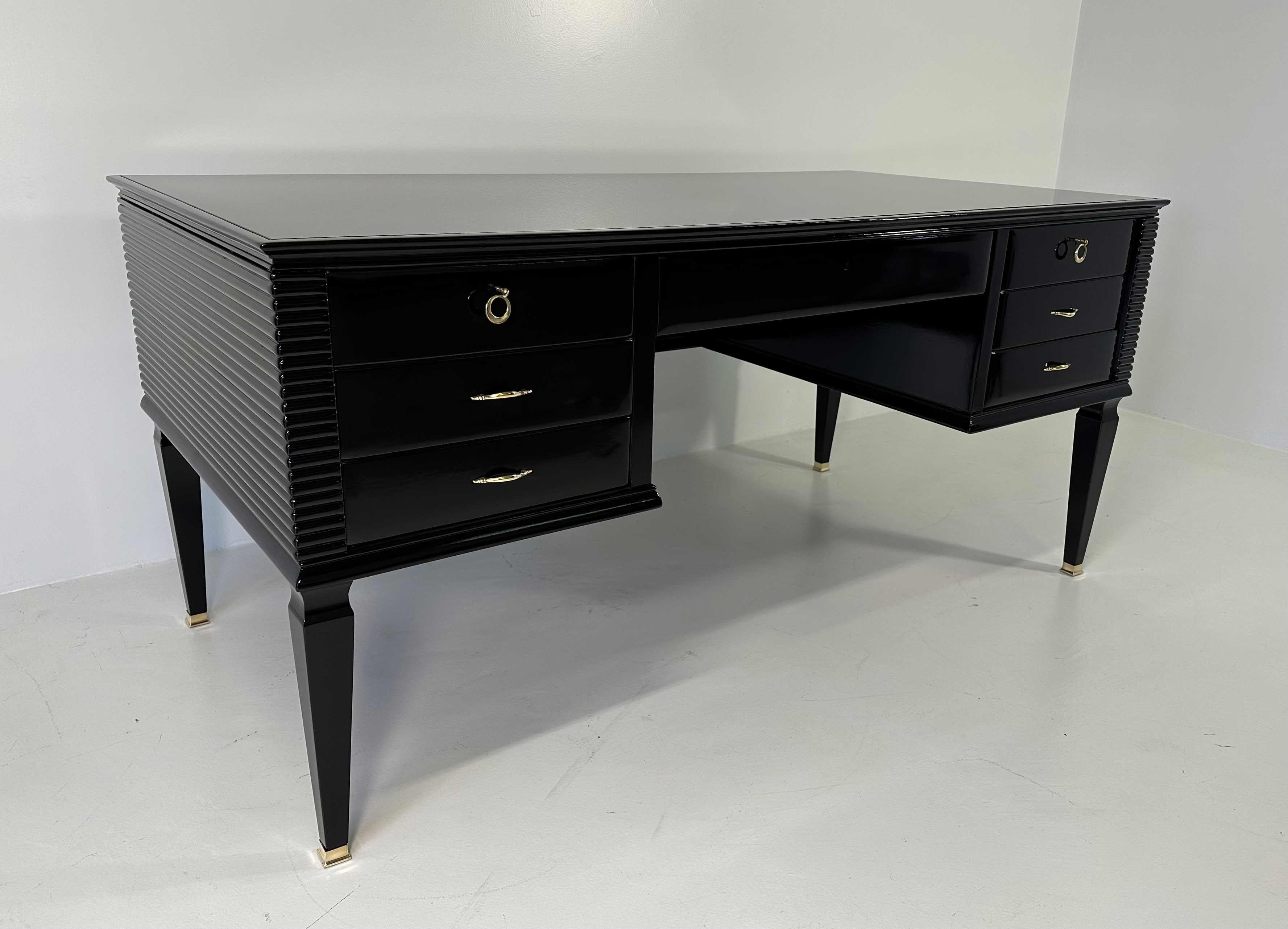 Brass Italian Art Deco Black Desk in the Style of Paolo Buffa, 1950s 