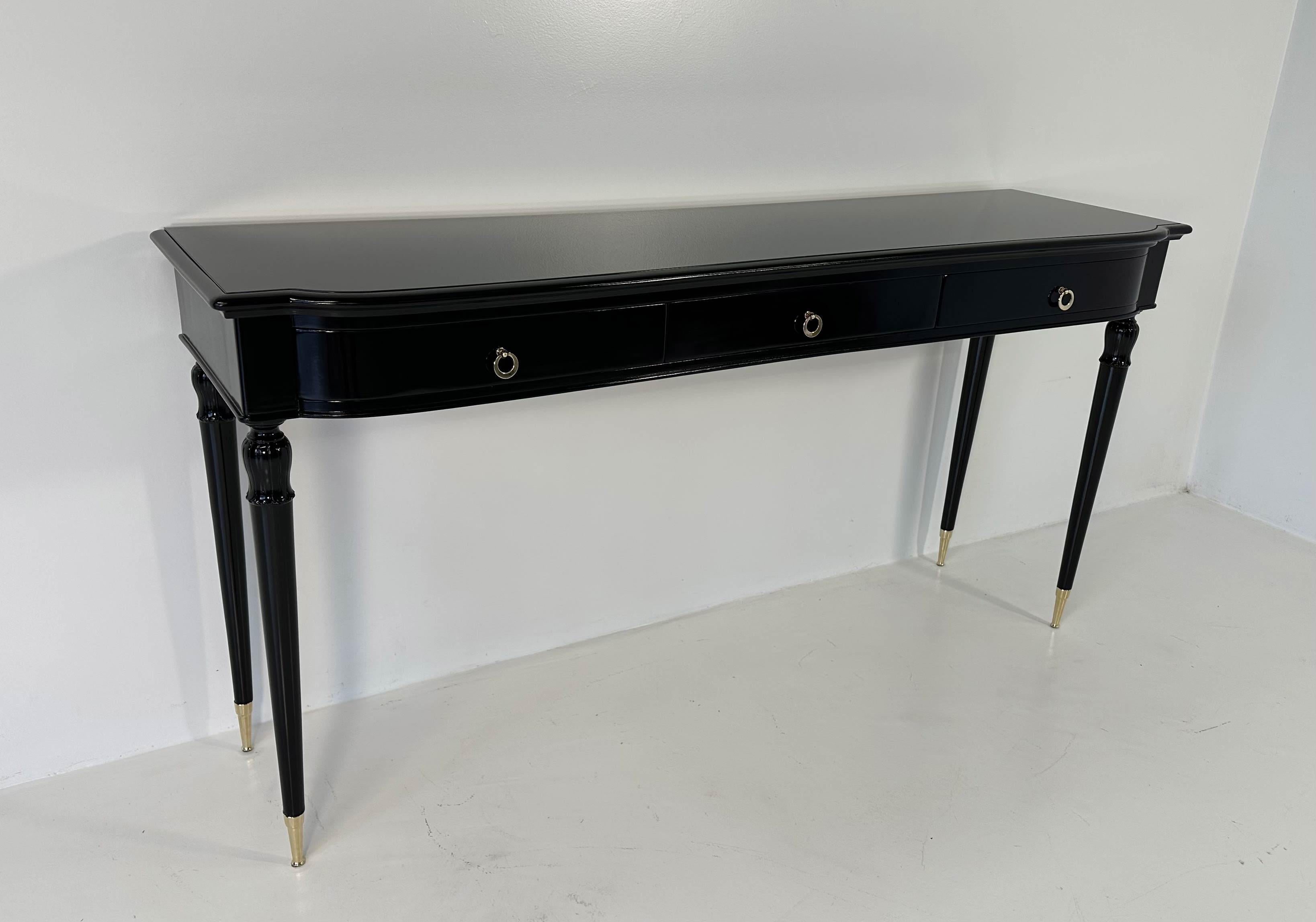 Italian Art Deco Black Lacquer, Black Glass and Brass Console Table, 1950s 1