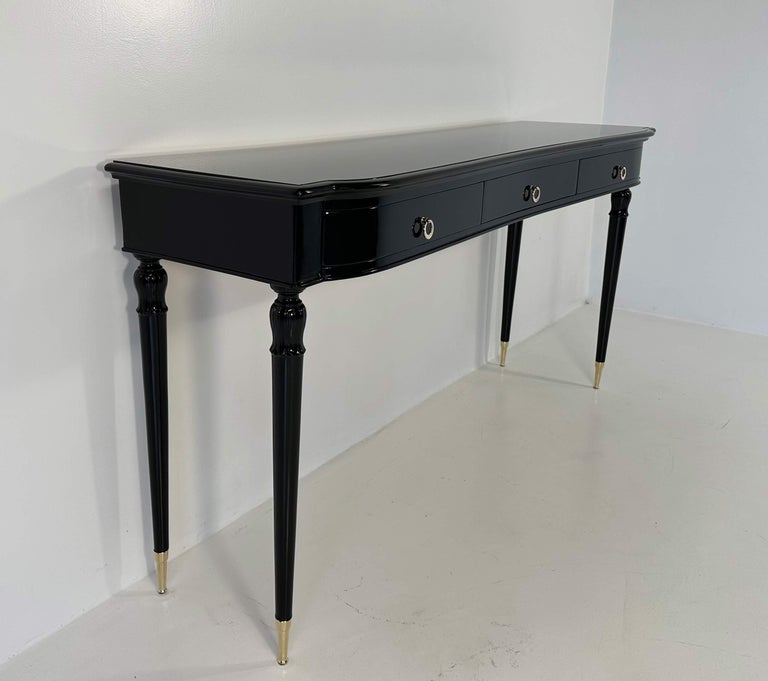 Italian Art Deco Black Lacquer, Black Glass and Brass Console Table