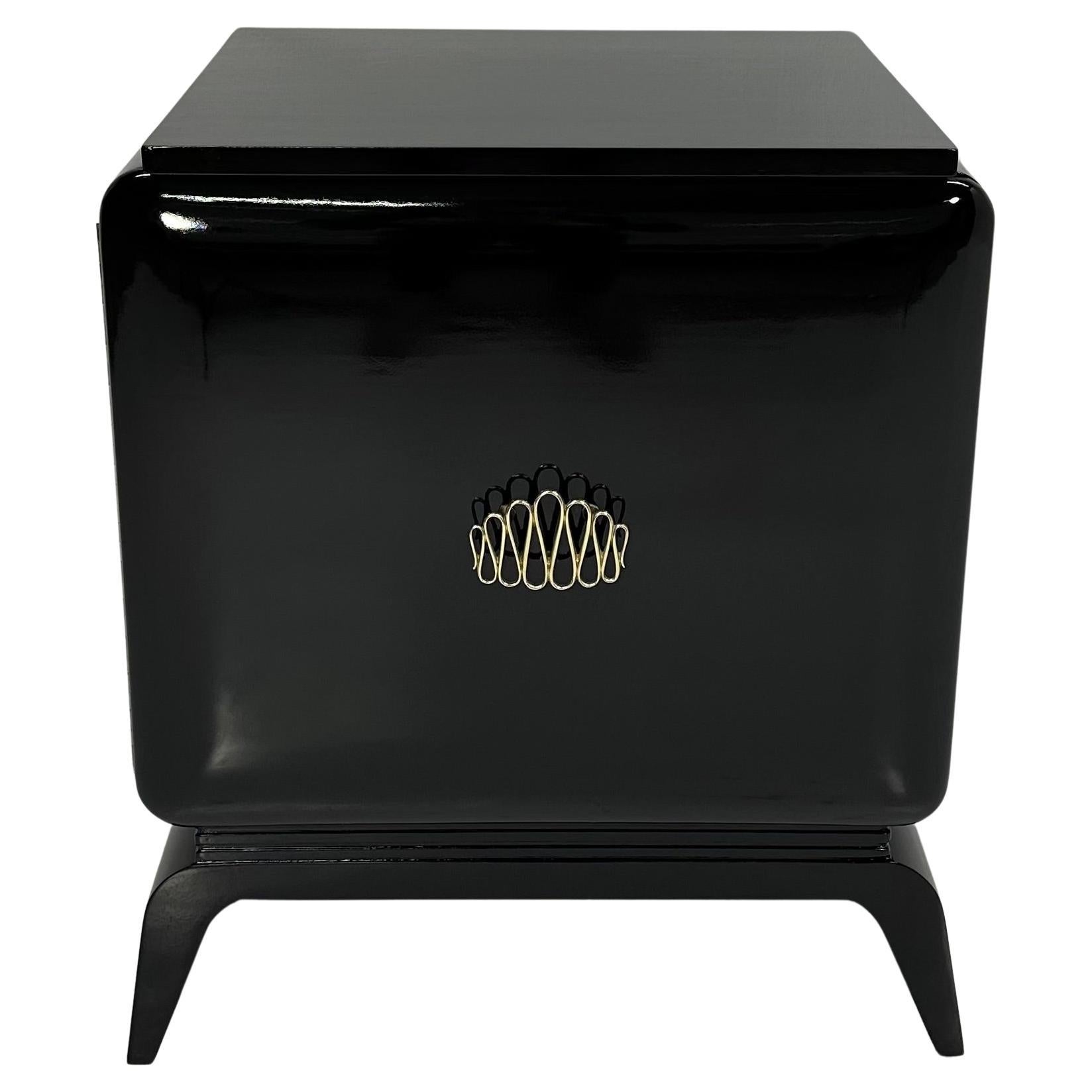 Italian Art Deco Black Lacquered and Brass Cabinet, 1930s 