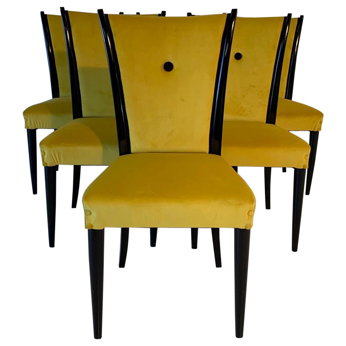 Italian Art Deco Black Lacquered Wood and Yellow Velvet Chairs, 1930s