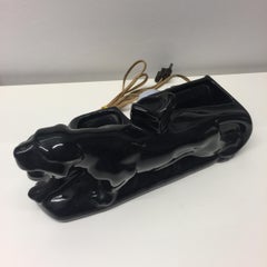 Italian Art Deco Black Panther Ceramic Accent Table Lamp, 1920s