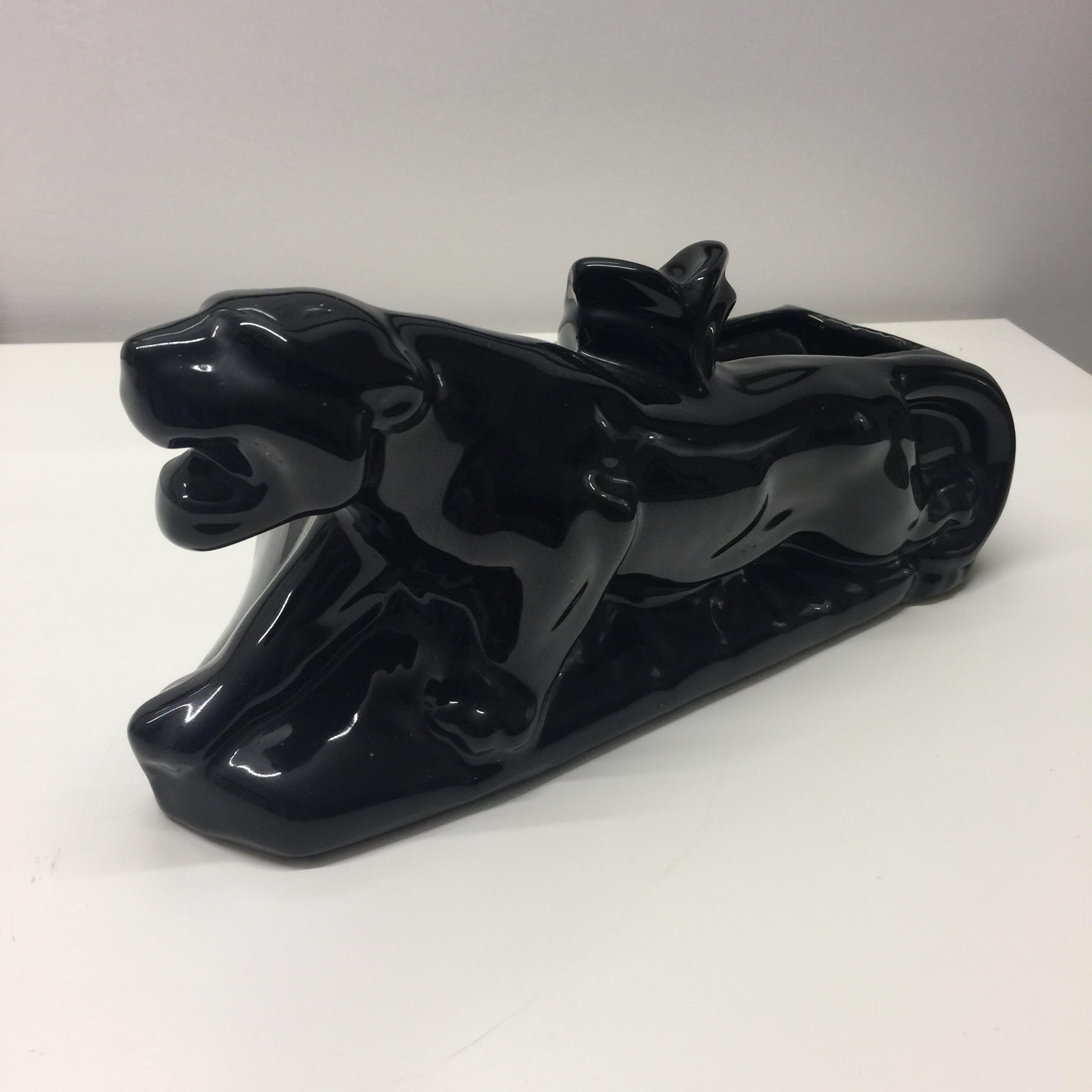 Early 20th Century Italian Art Deco Black Panther Ceramic Accent Table Lamp, 1920s For Sale