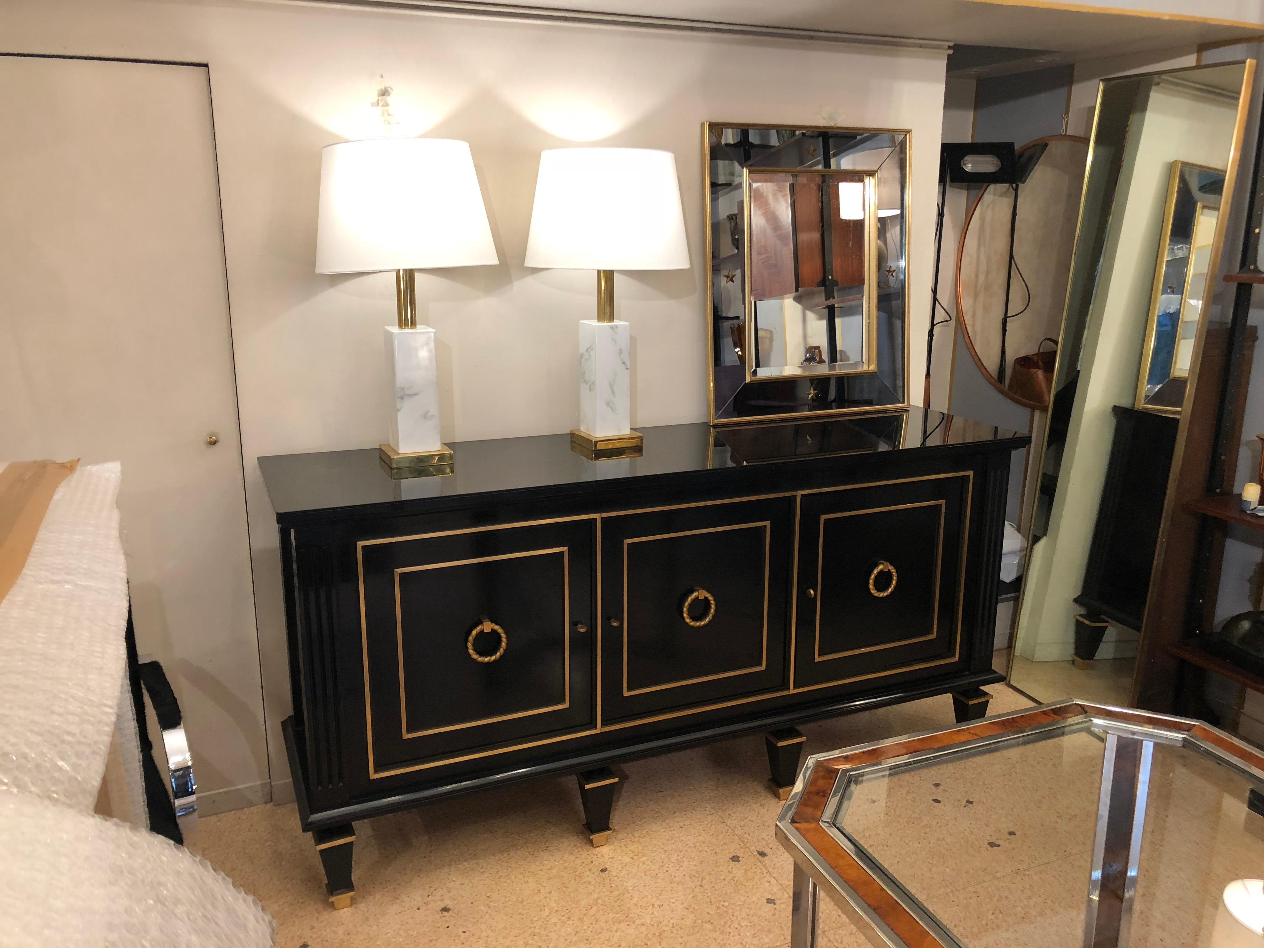 Ebonized Italian Art Deco Black Wood and Golden Bronze Three Doors Credenza, 1940s