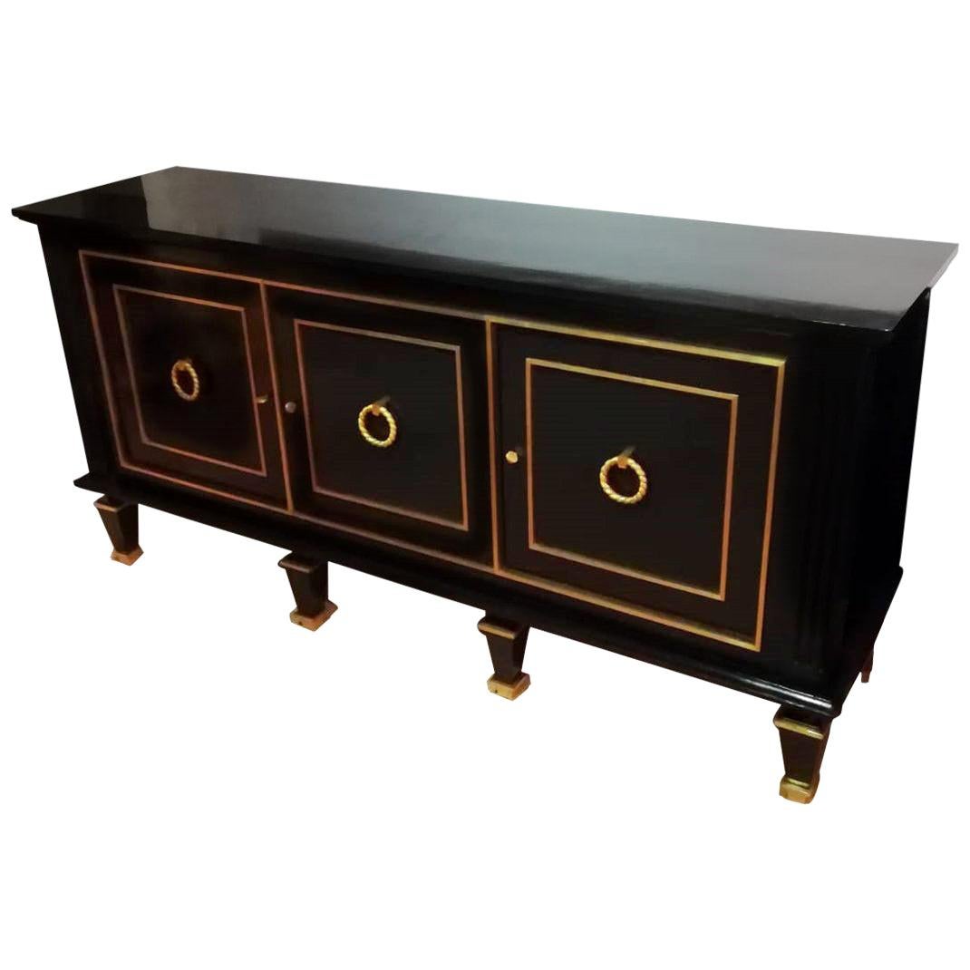 Italian Art Deco Black Wood and Golden Bronze Three Doors Credenza, 1940s