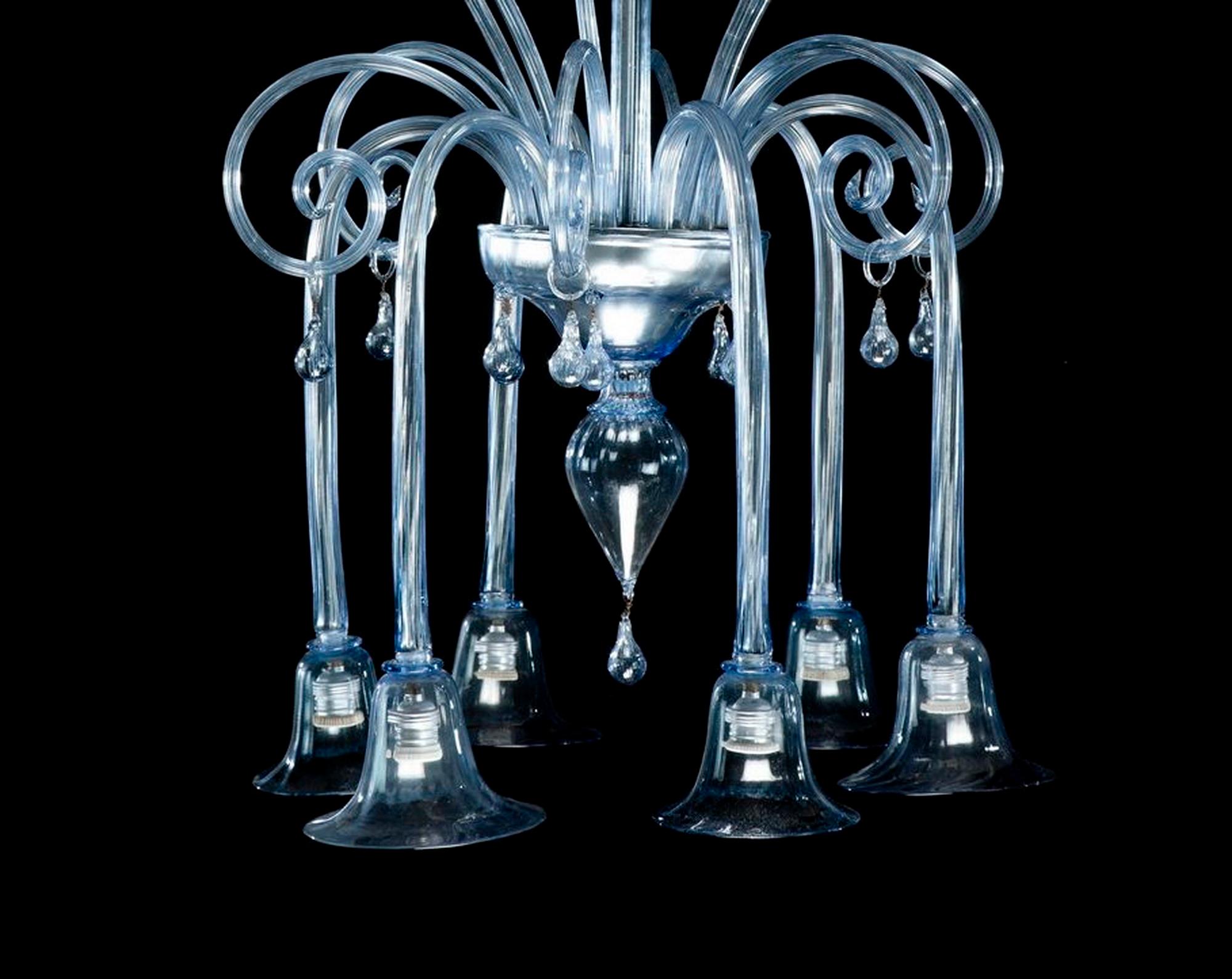 Elegant pale blue blown glass chandelier designed by the Italian glass company Rioda. Such items are rare as the company was only in production from 1910-1915. Their trademark was a Rooster.
The arms can be removed for shipping.

 