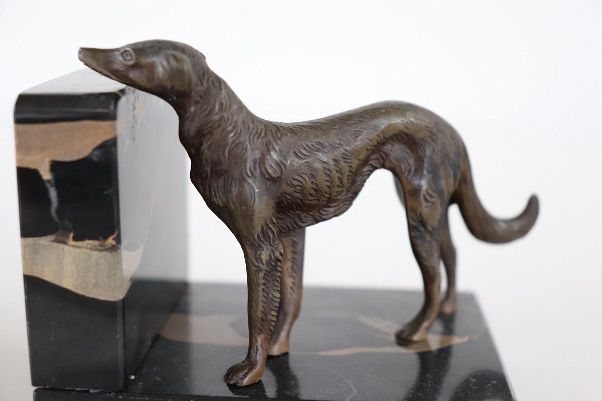 Italian Art Deco Bookends with Bronze Greyhounds on a Base of Fine Black Marble For Sale 6