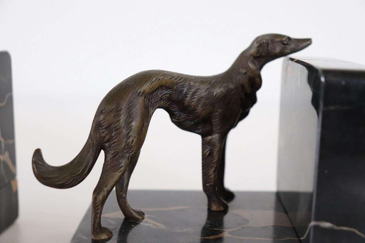 Italian Art Deco Bookends with Bronze Greyhounds on a Base of Fine Black Marble For Sale 7