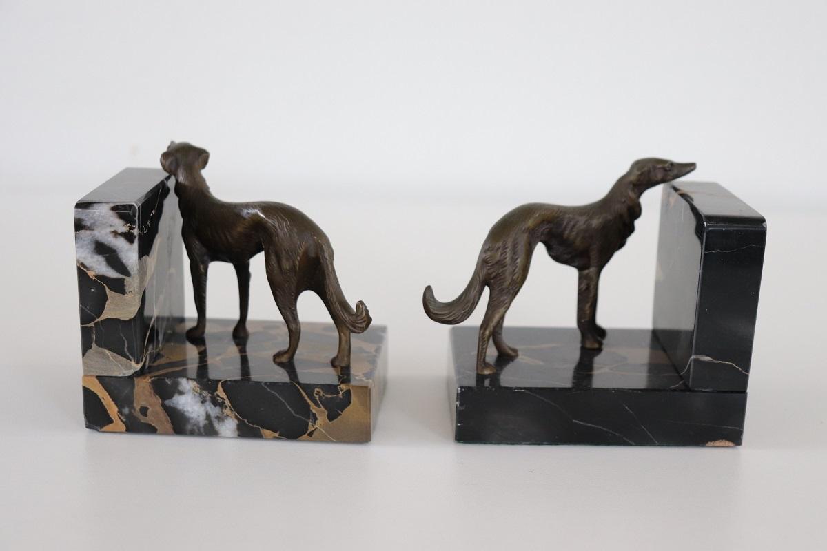 Italian Art Deco Bookends with Bronze Greyhounds on a Base of Fine Black Marble For Sale 2