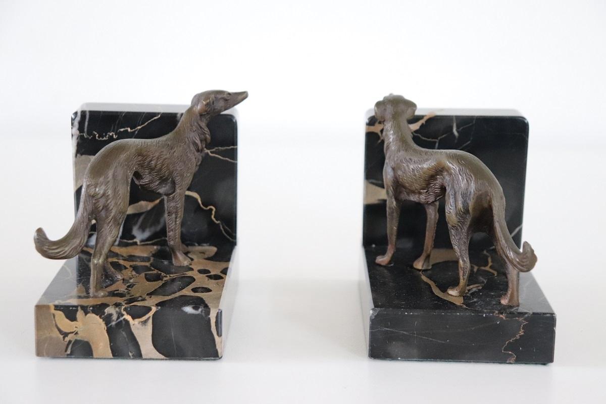 Italian Art Deco Bookends with Bronze Greyhounds on a Base of Fine Black Marble For Sale 3