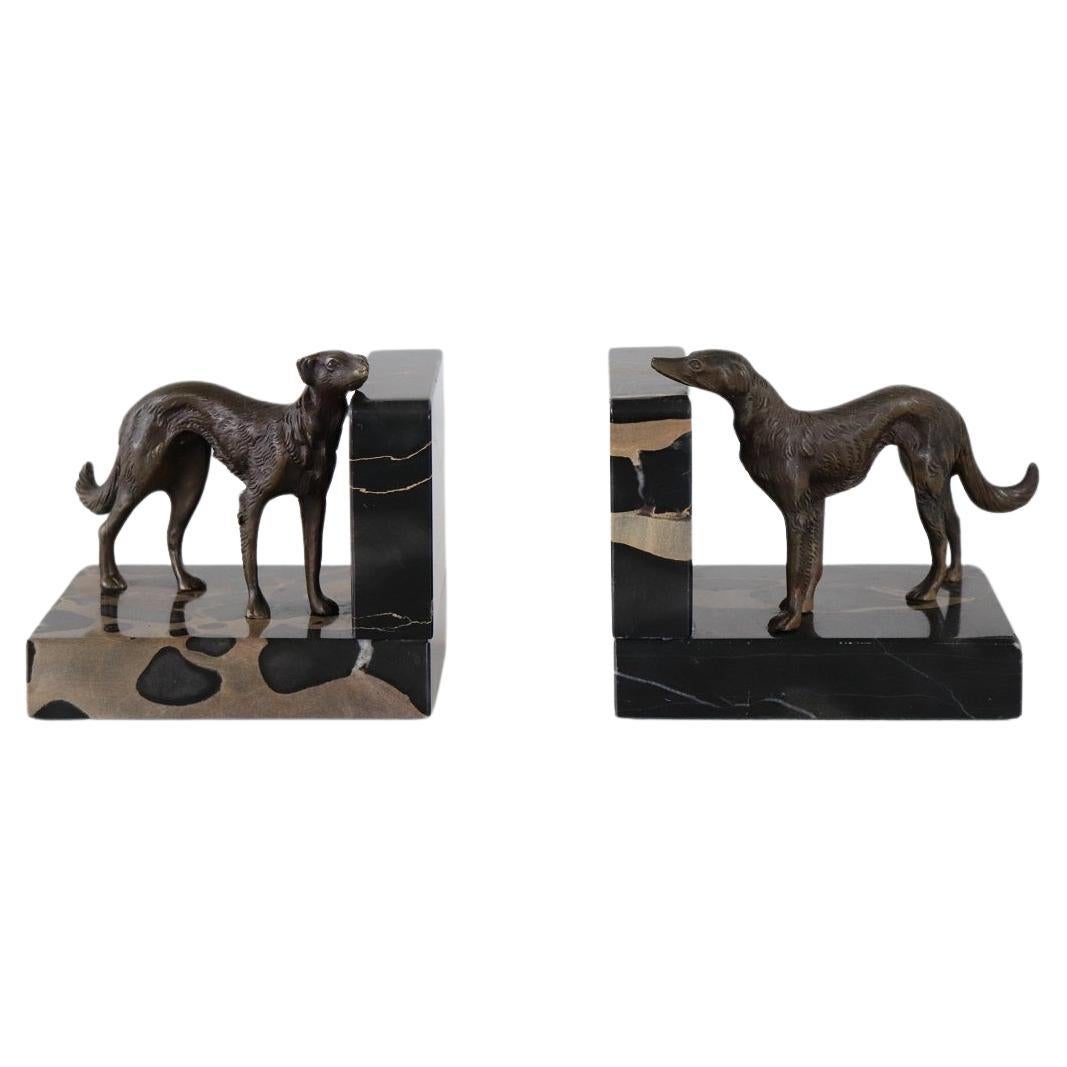 Italian Art Deco Bookends with Bronze Greyhounds on a Base of Fine Black Marble For Sale