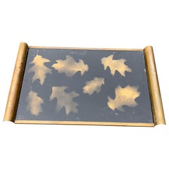 Italian Art Deco Brass and Gold Leaf Decorated Glass Barware Serving Tray