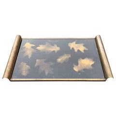 Italian Art Deco Brass and Gold Leaf Decorated Glass Barware Serving Tray