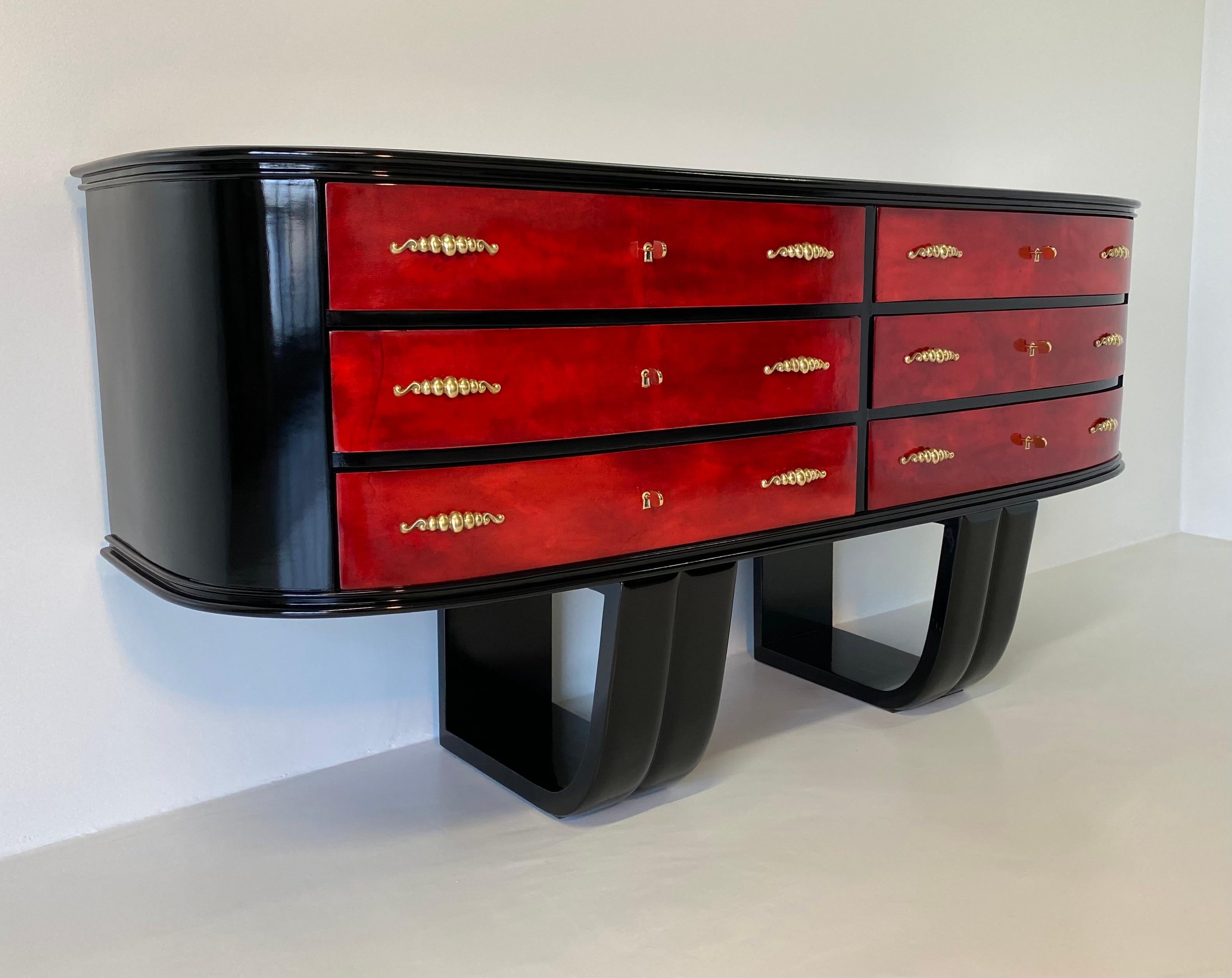 Italian Art Deco Brass and Red Parchment Dresser, 1950s In Good Condition In Meda, MB