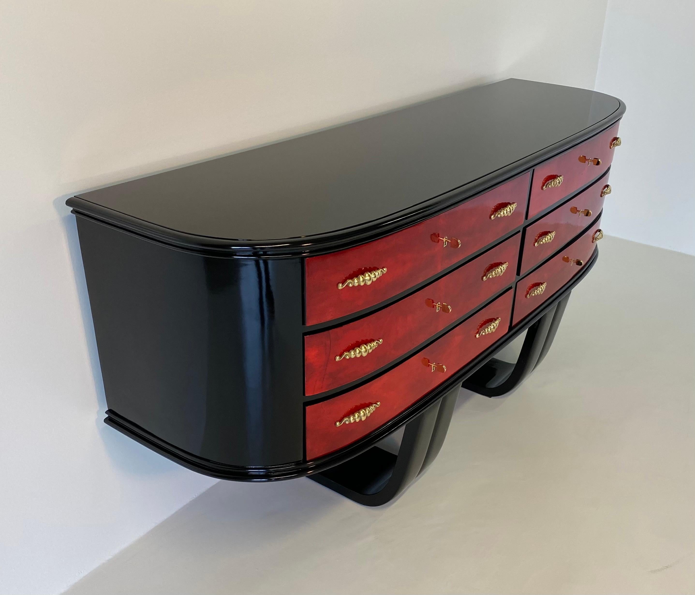 Mid-20th Century Italian Art Deco Brass and Red Parchment Dresser, 1950s