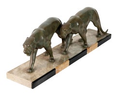 Sculpture italienne Art déco de panthères en bronze et marbre