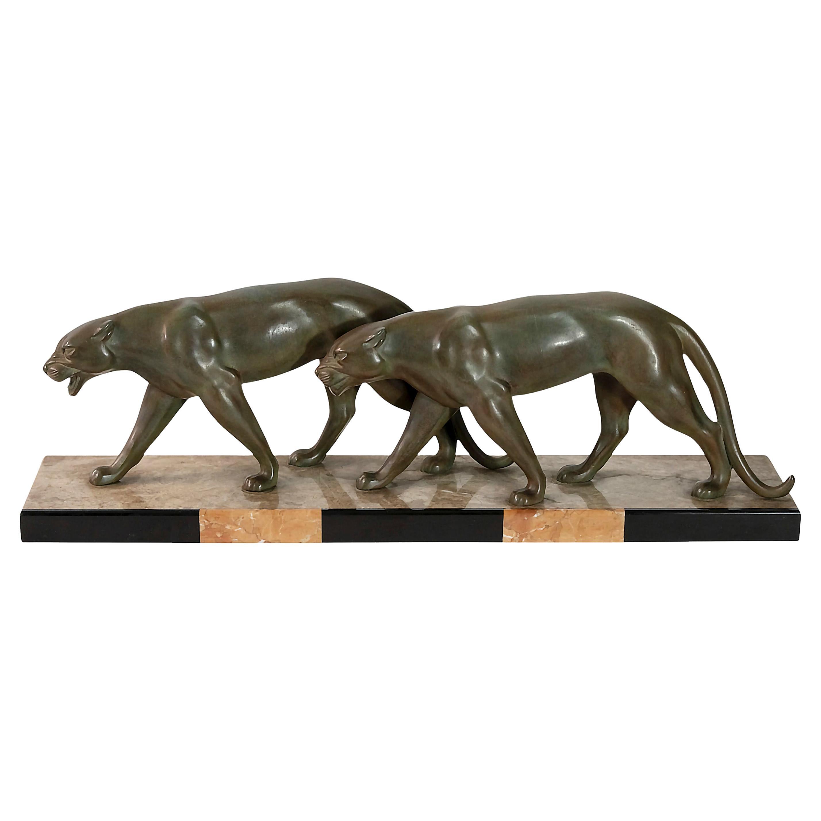 Sculpture italienne Art déco de panthères en bronze et marbre
